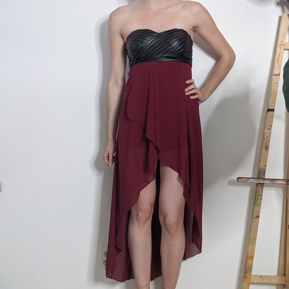 Casting Hi-Low Burgundy Dress with Black Leather Top - Picture 2 of 4